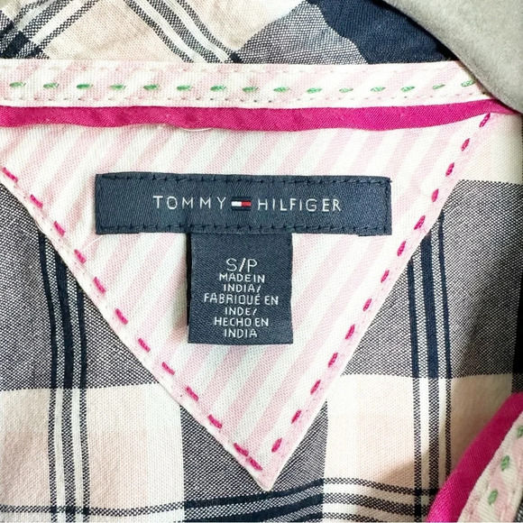 Tommy Hilfiger Plaid Button Front Shirt Size Small Pink Blue Contrasting Cuffs - Picture 5 of 9